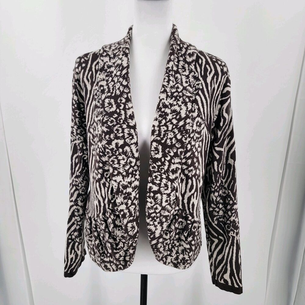 Style & Co Cardigan Womens Large Animal Print Open Front Sweater Brown Ivory